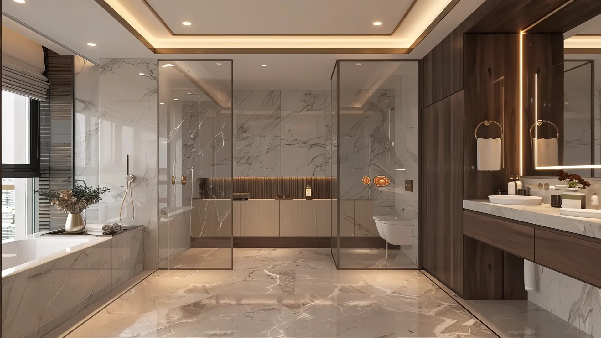 Modern luxurious bathroom with marble finishes.