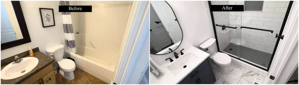 Before and after tub to shower conversion in Hewitt TX – old bathtub replaced with modern walk-in shower