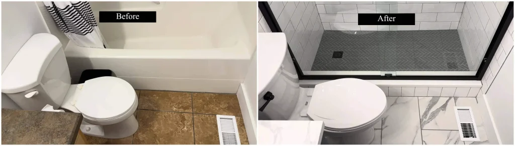 Before and after small bathroom remodel in Woodway, Texas – outdated vanity and tile updated to bright modern design