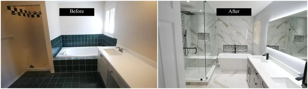 Before and after master bathroom renovation in Waco, TX – dated fixtures transformed into spa-like walk-in shower and double vanity