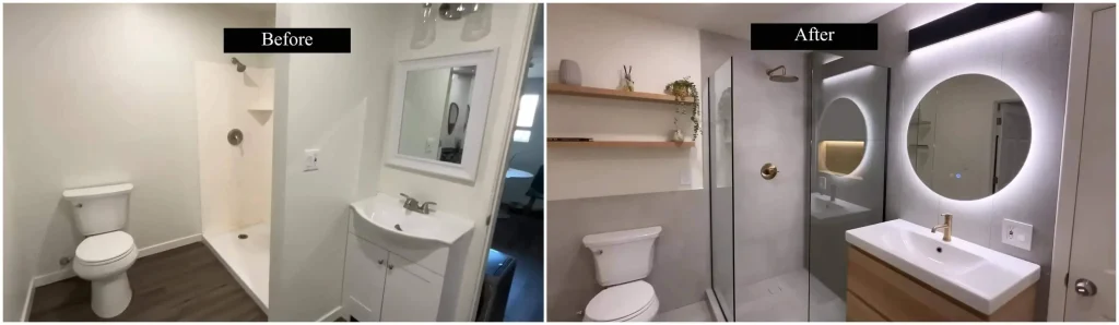 Before and after guest bathroom refresh in Robinson, TX – cramped old layout converted to clean modern vanity and better storage