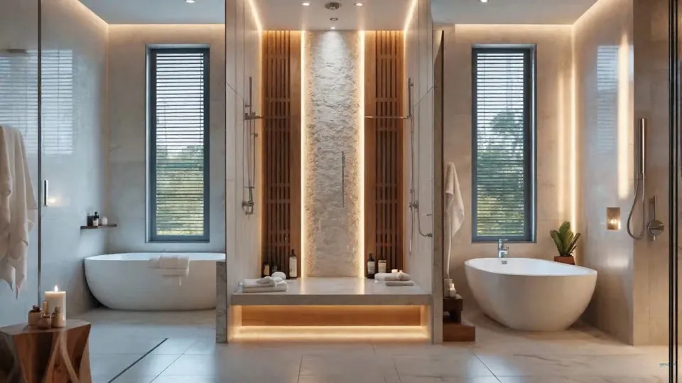 Symmetrical bathroom featuring dual freestanding tubs and central walk-in shower combo with stone and wood accents 