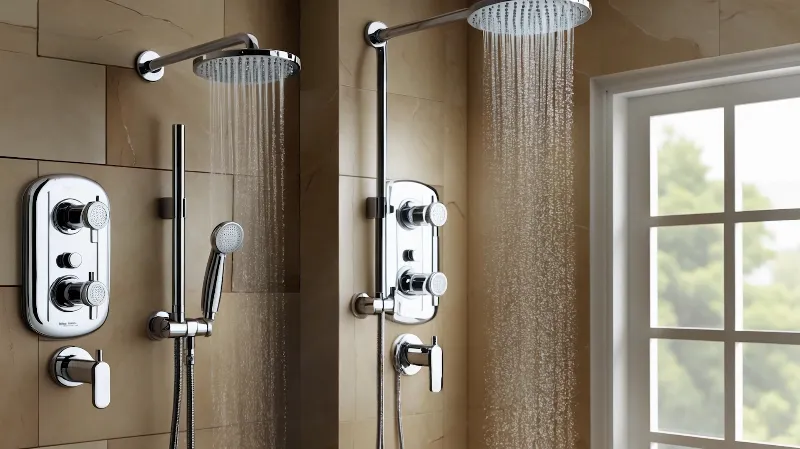 Modern bathroom with glass window, marble floors, and custom shower & fixtures.
