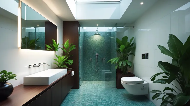 Modern and eco-friendly minimalist bathroom with a green mosaic shower and large plants.
