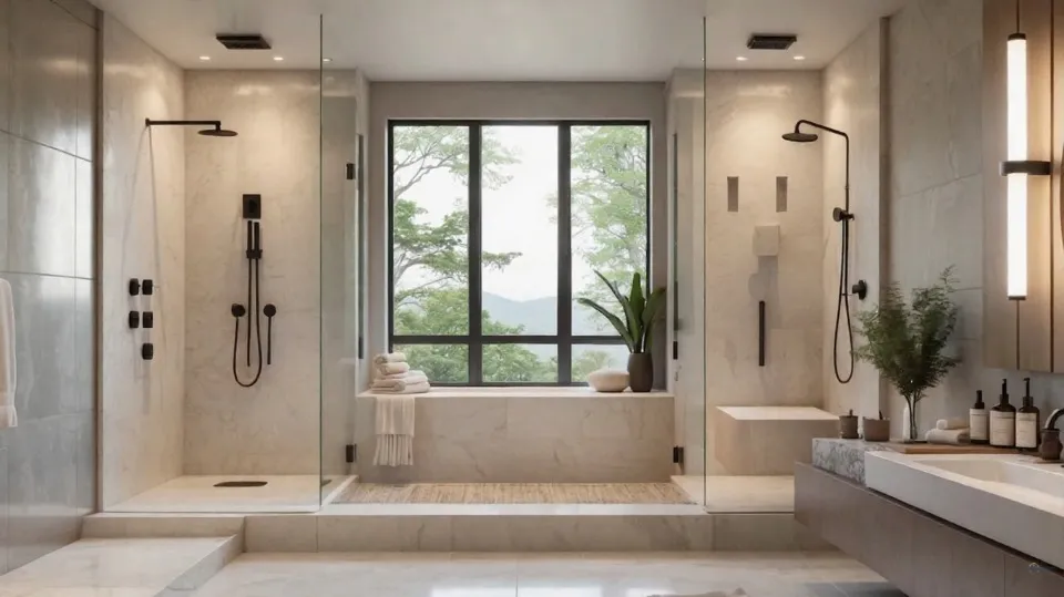 Modern minimalist bathroom with double showers and large window.