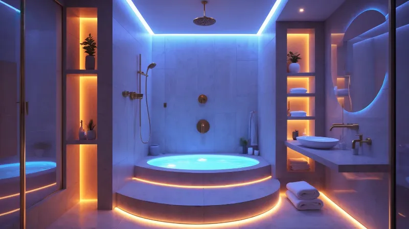 Modern luxury bathroom with circular tub and neon lighting.