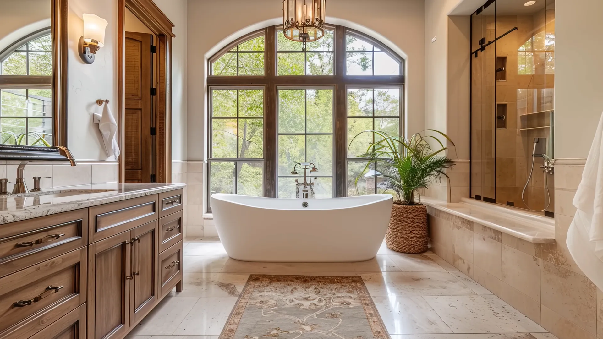 Luxurious primary bathroom featuring a freestanding white soaking tub centered before a large arched window, flanked by a wooden vanity and a glass-enclosed walk-in shower.
