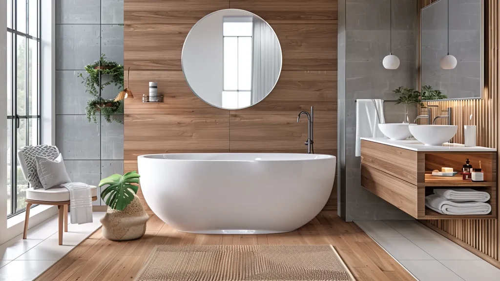 Modern & spa-like bathroom with freestanding tub, round mirror, wood paneling and double sinks.