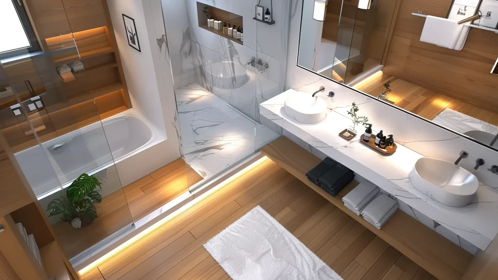 small luxury bathroom with wood and marble.
