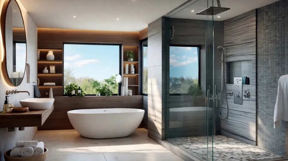 Modern bathroom with a wood accents freestanding white bathtub to glass walk-in shower conversion .
