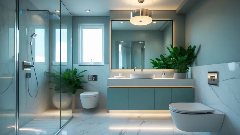 Modern bathroom with installed teal cabinetry, marble floors, and glass walk-in shower.