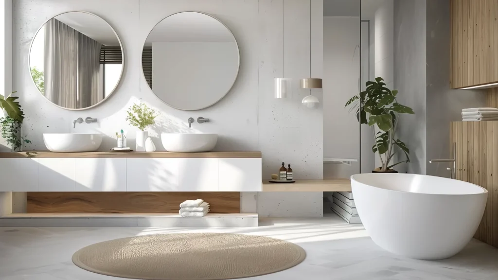 Modern and minimalist bathroom with double vanity and freestanding tub for waco homeowners
